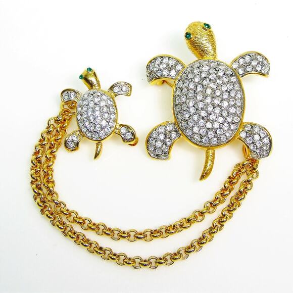 Joan Rivers TURTLE + BABY TURTLE PAVE CRYSTAL PINS Brooch Gold Plate Rhinestones - Picture 4 of 8